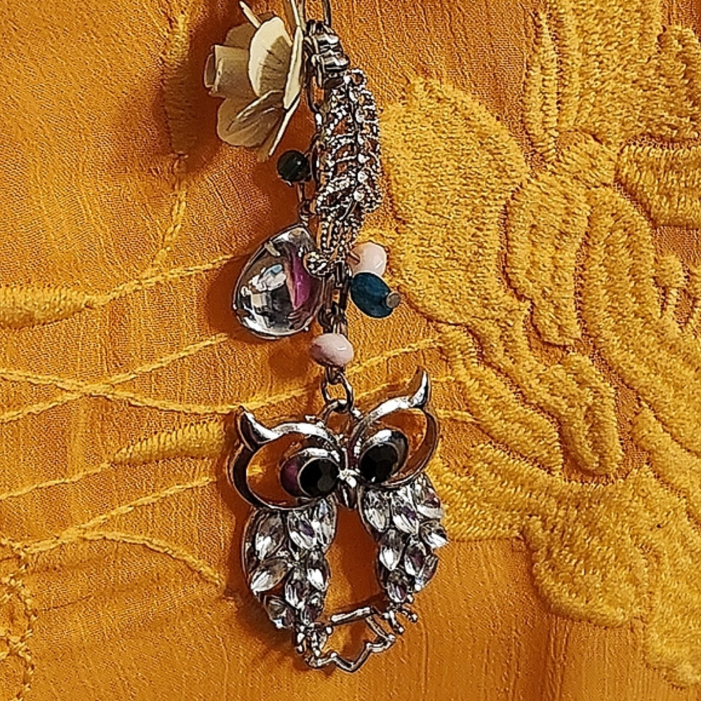 Owl Charm Silvertone Long  Necklace